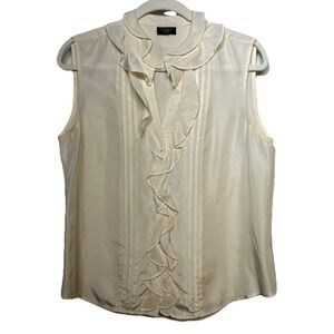 Talbots Silk Ruffle Collar Pleated Sleeveless Blouse Ivory Cream Sz‎ Petit Small